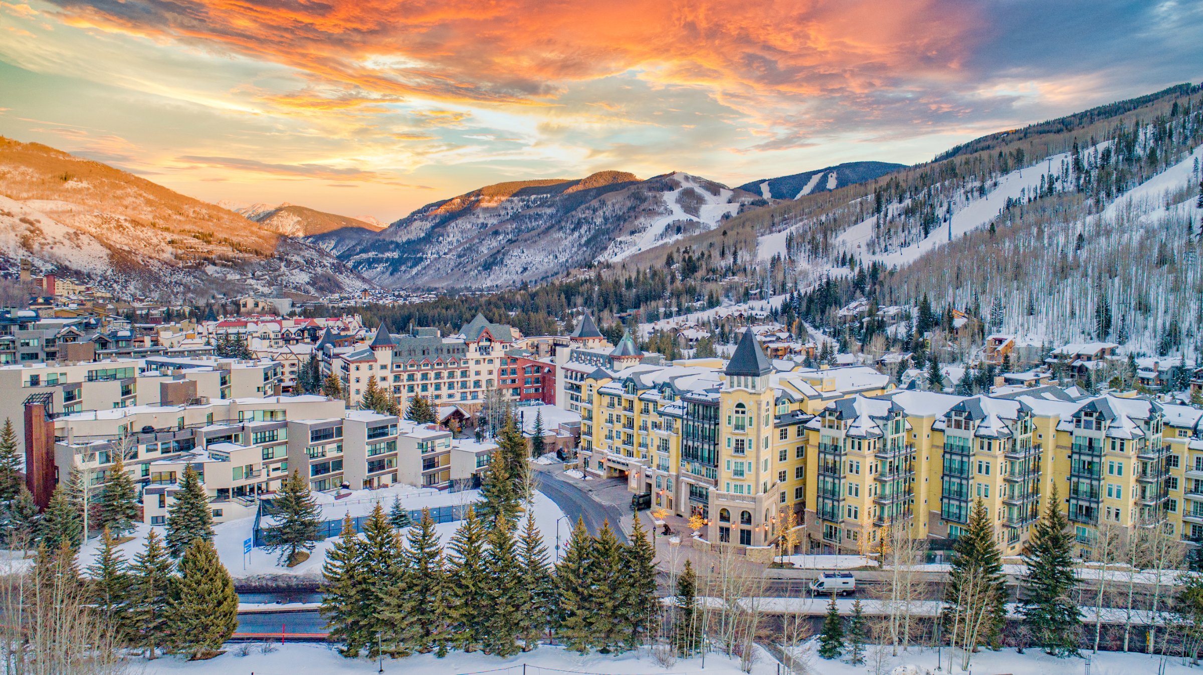 Vail Village and ski slopes at dusk