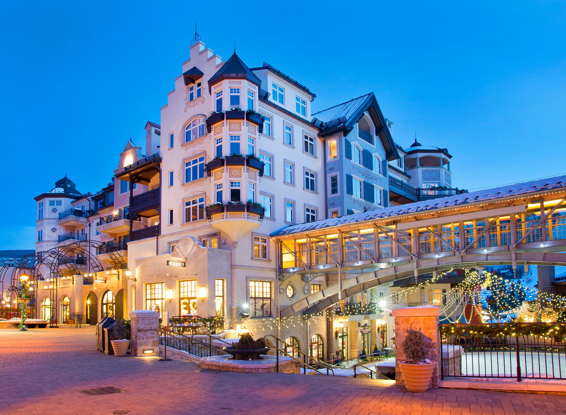 The Arrabelle at Vail Square in Lionshead Village lit up in the evening